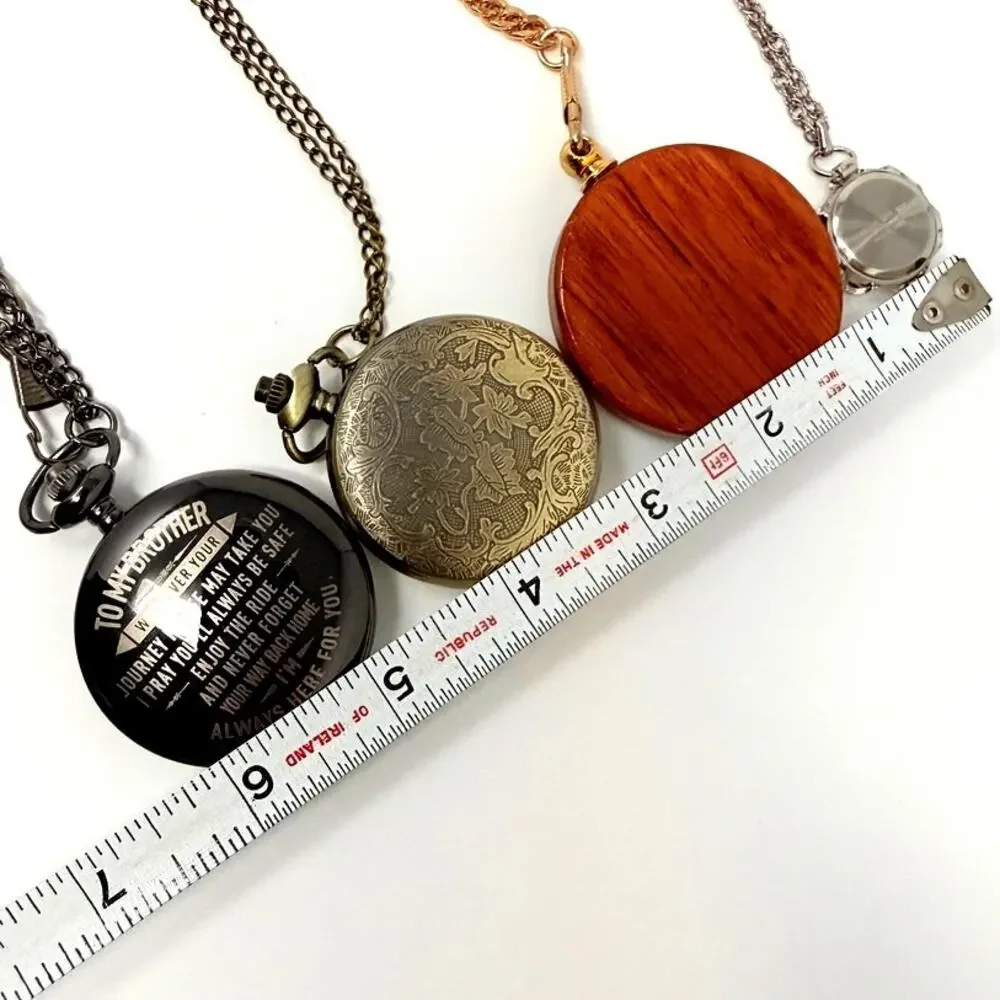 Lot 4 Pocket Watch Locket Pendant Necklaces Silver Gold Tone Wood Repousse